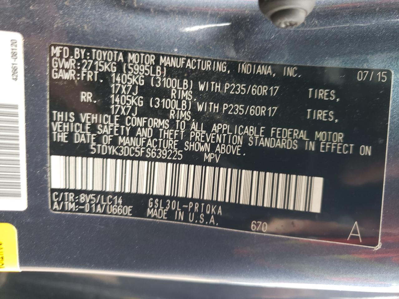 5TDYK3DC5FS639225 2015 Toyota Sienna Xle