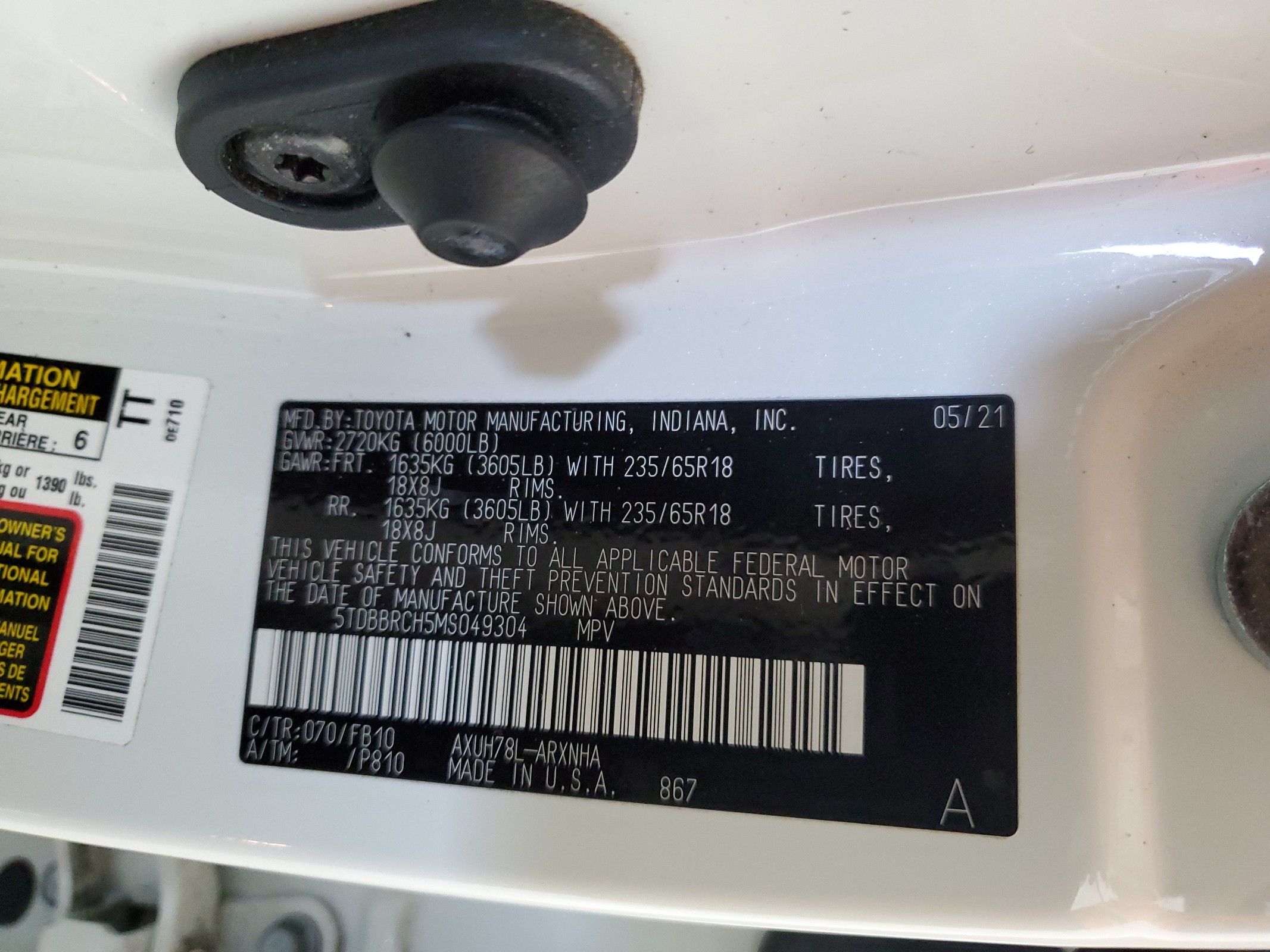 5TDBBRCH5MS049304 2021 Toyota Highlander Hybrid Le