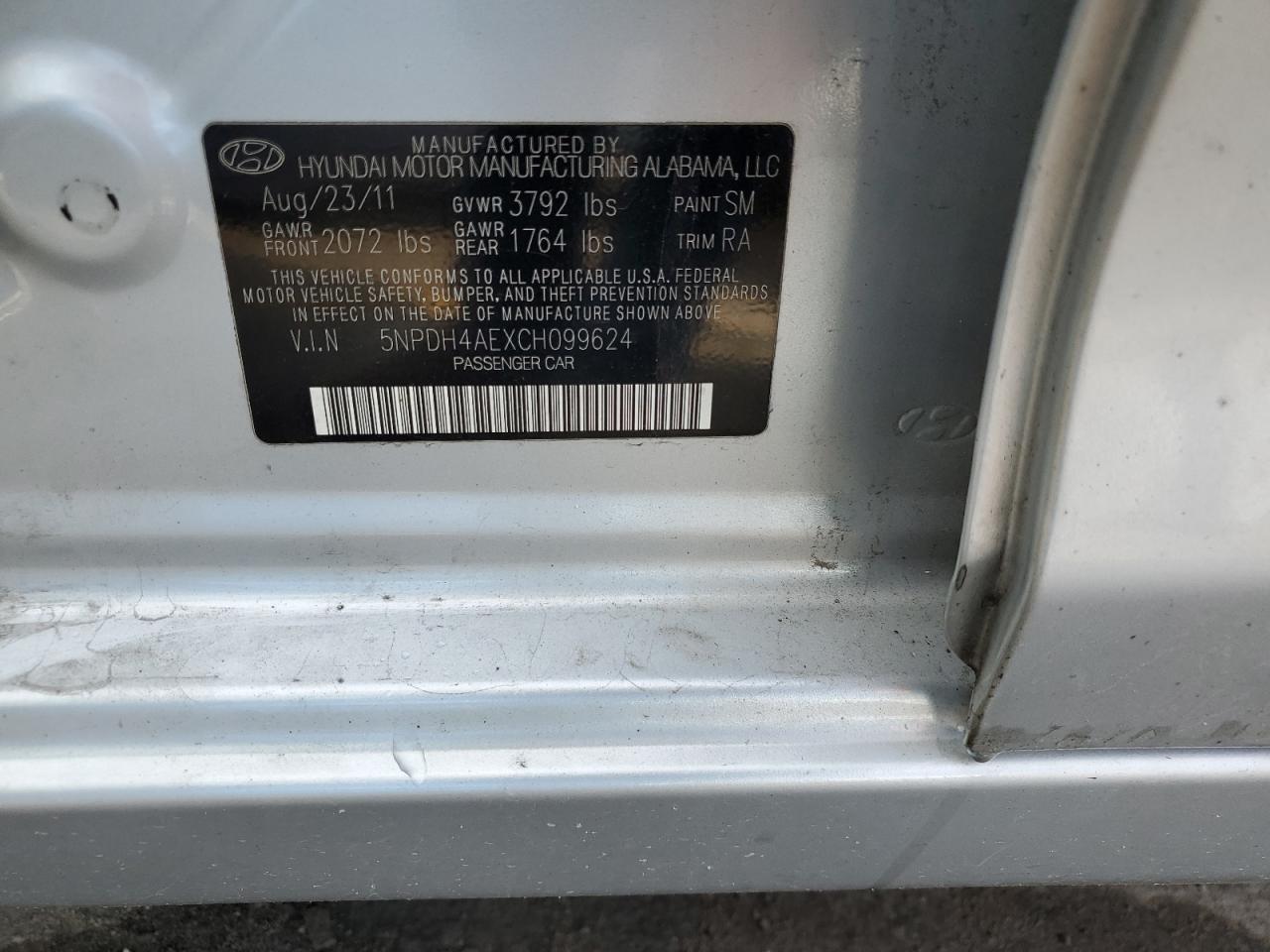 2012 Hyundai Elantra Gls VIN: 5NPDH4AEXCH099624 Lot: 68219444