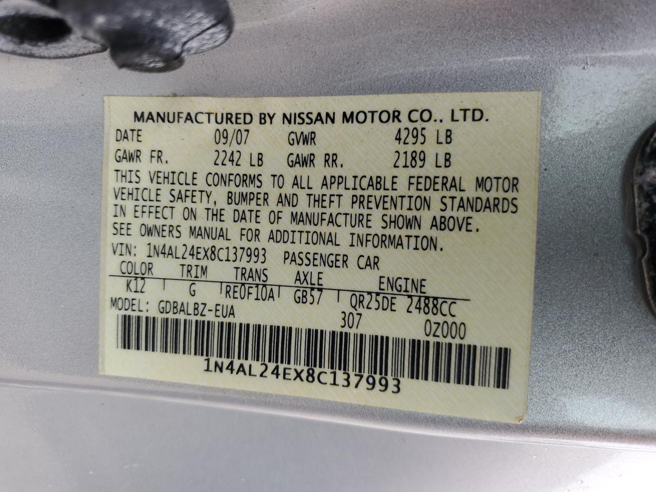 2008 Nissan Altima 2.5S VIN: 1N4AL24EX8C137993 Lot: 67024464