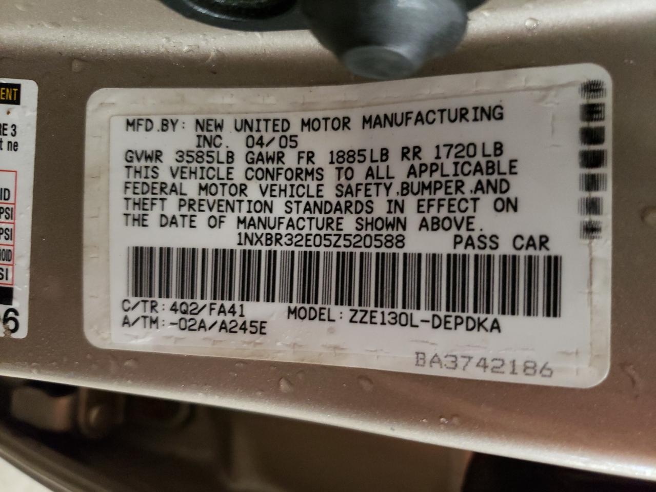 2005 Toyota Corolla Ce VIN: 1NXBR32E05Z520588 Lot: 66068404