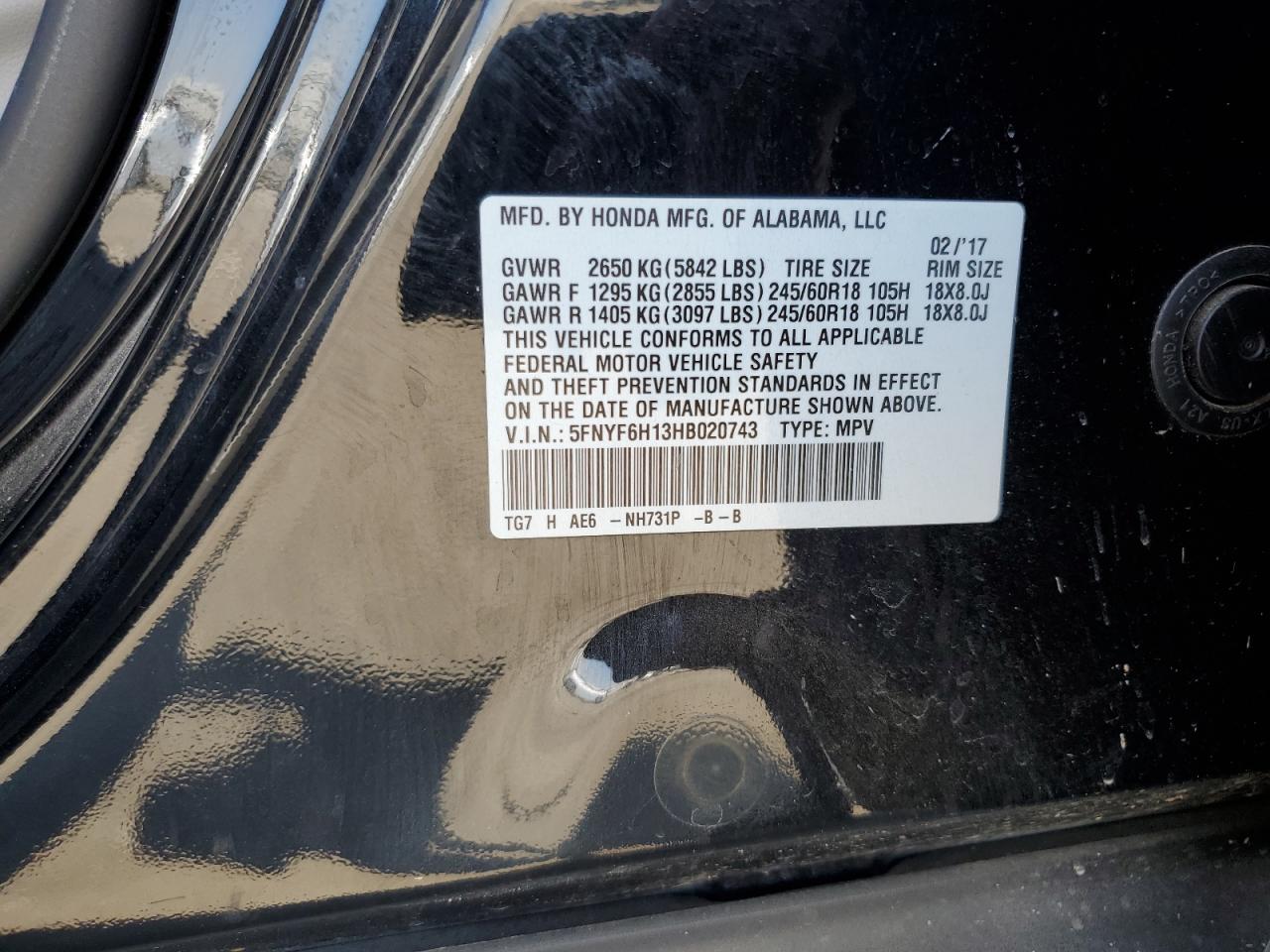 2017 Honda Pilot Lx VIN: 5FNYF6H13HB020743 Lot: 65420854