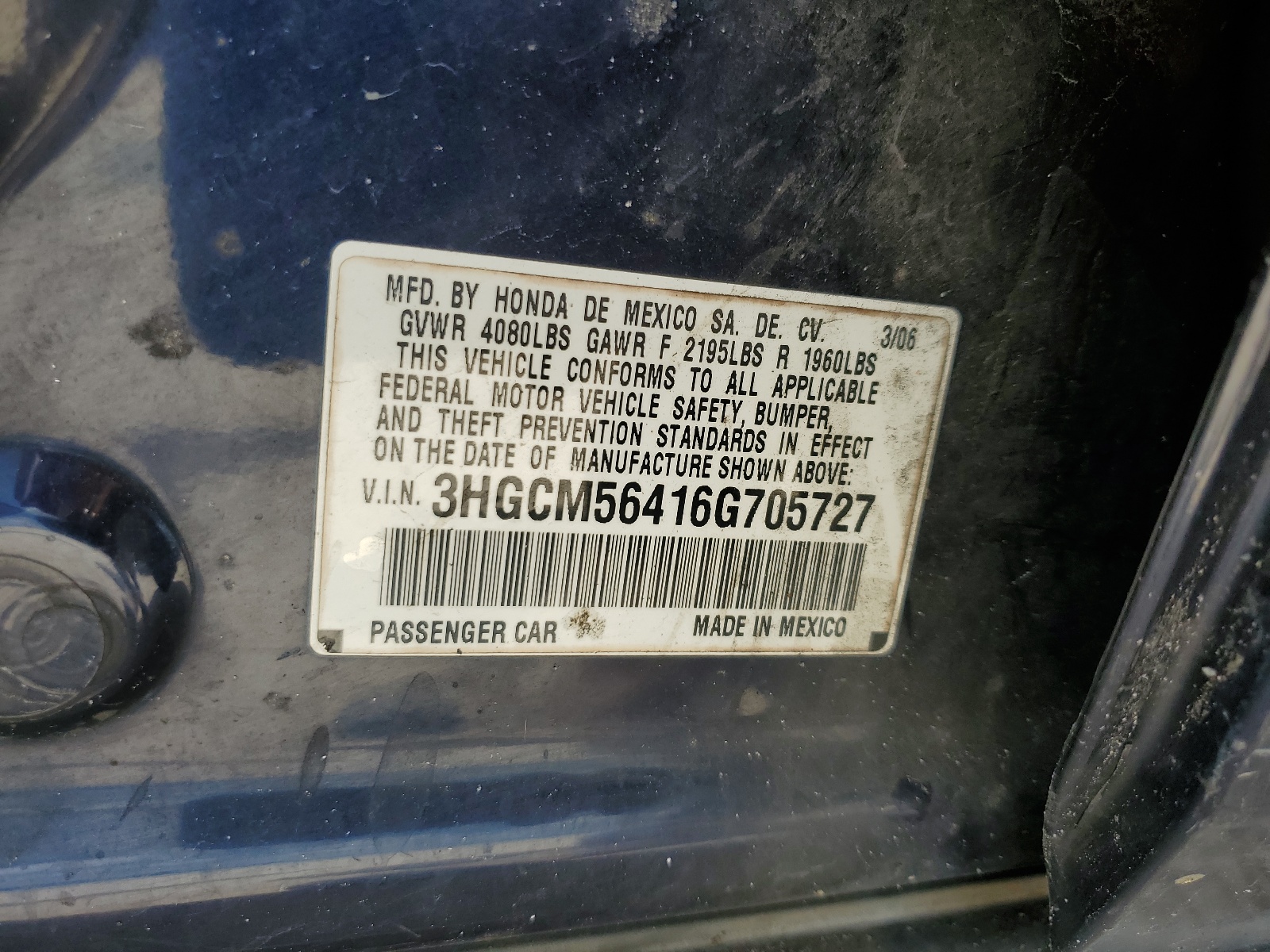 3HGCM56416G705727 2006 Honda Accord Lx