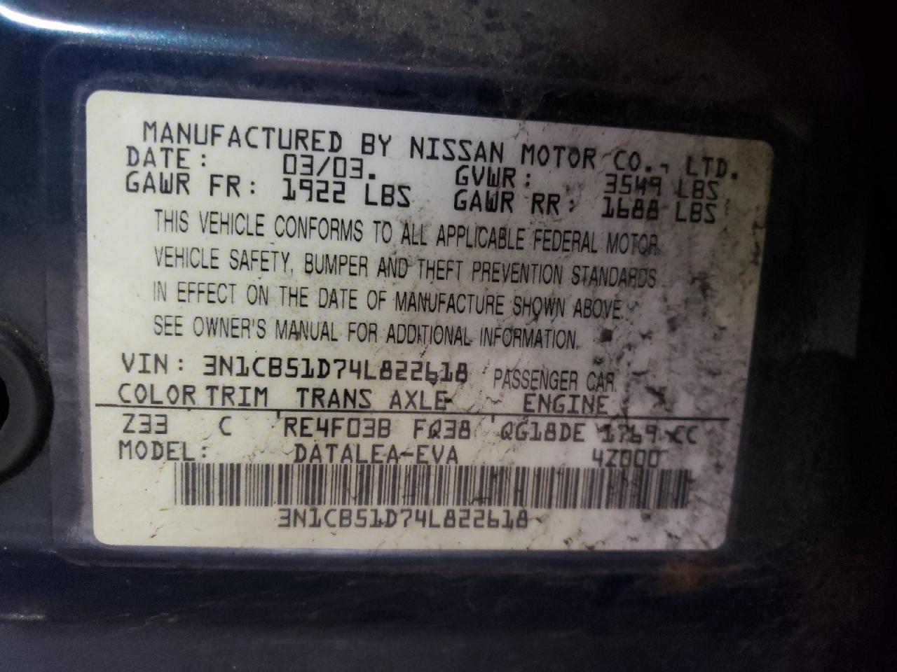 3N1CB51D74L822618 2004 Nissan Sentra 1.8