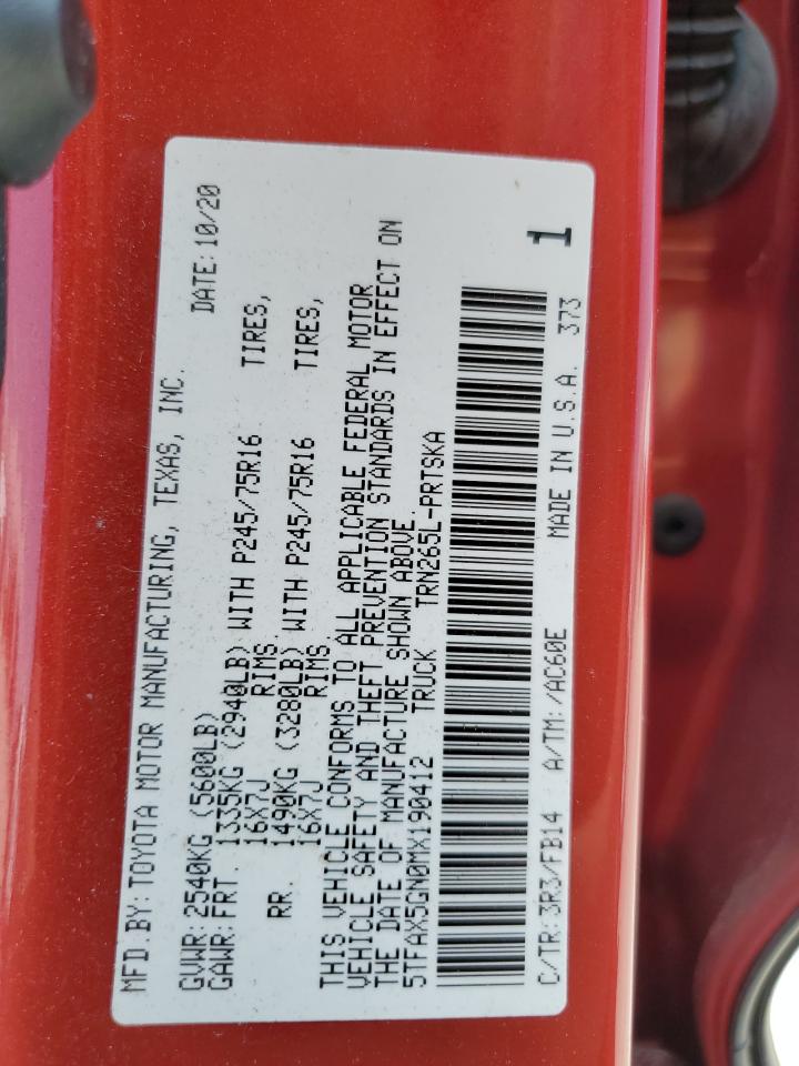 2021 Toyota Tacoma Double Cab VIN: 5TFAX5GN0MX190412 Lot: 67325094