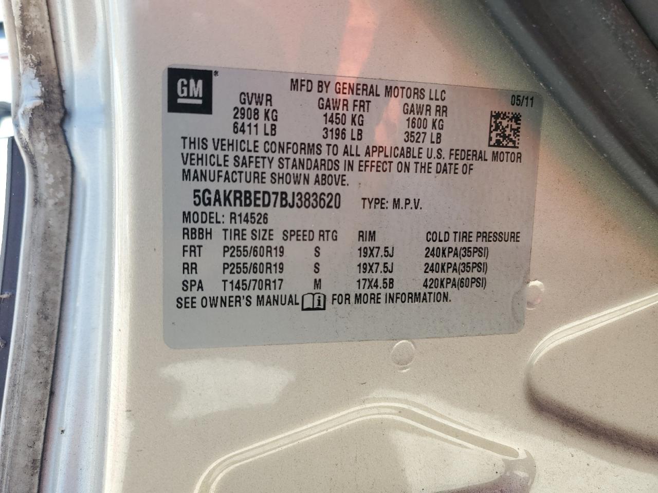 2011 Buick Enclave Cxl VIN: 5GAKRBED7BJ383620 Lot: 67497664