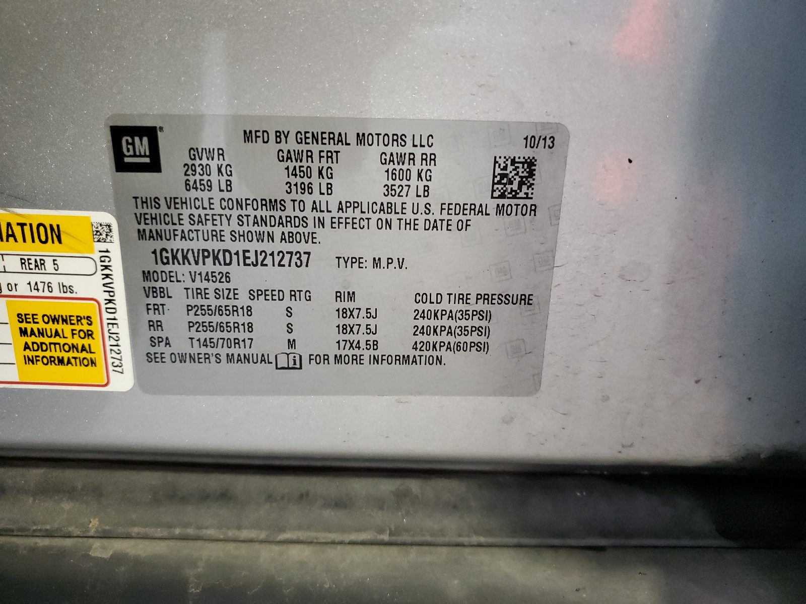 1GKKVPKD1EJ212737 2014 GMC Acadia Sle