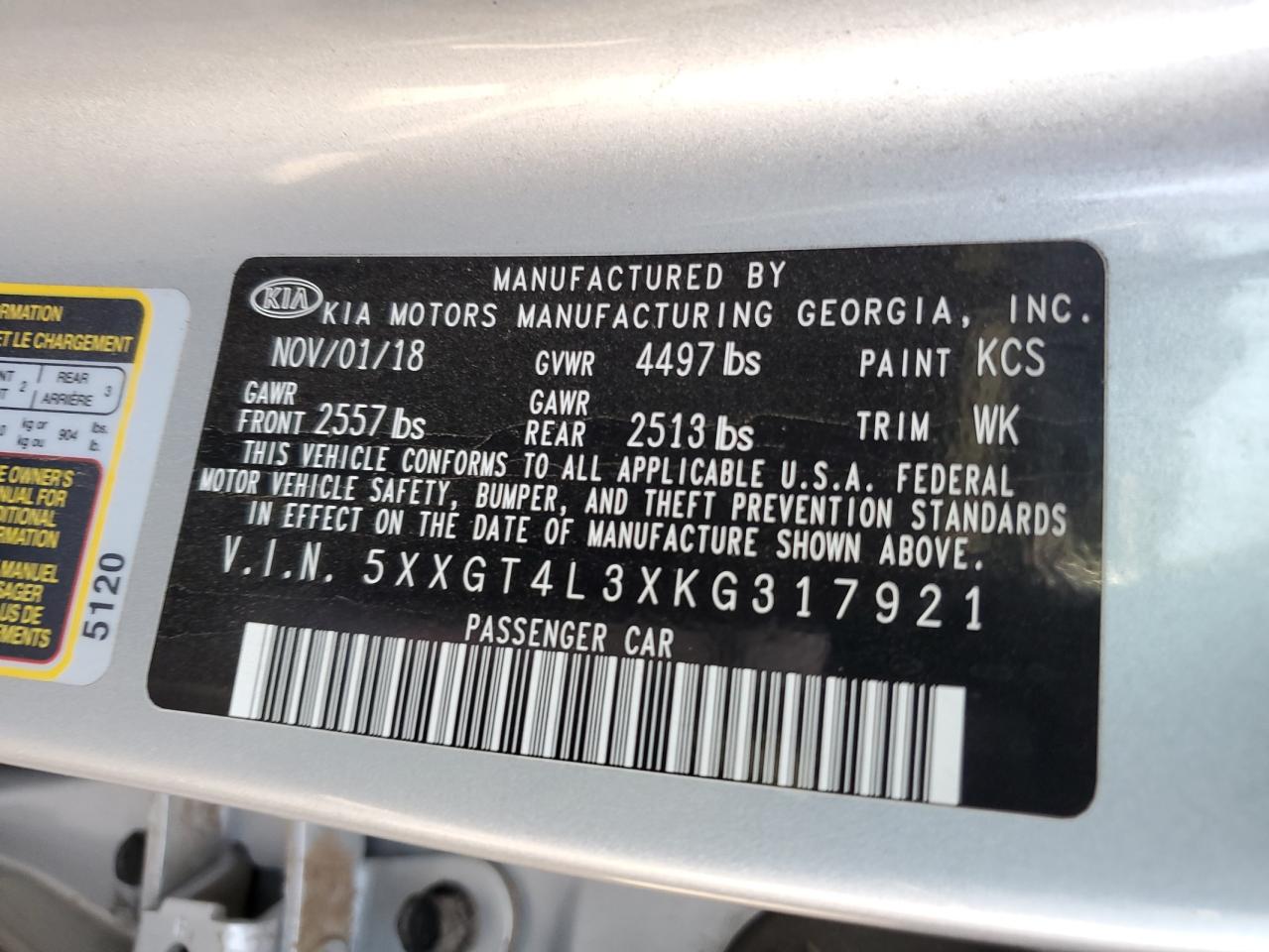 2019 Kia Optima Lx VIN: 5XXGT4L3XKG317921 Lot: 65186504