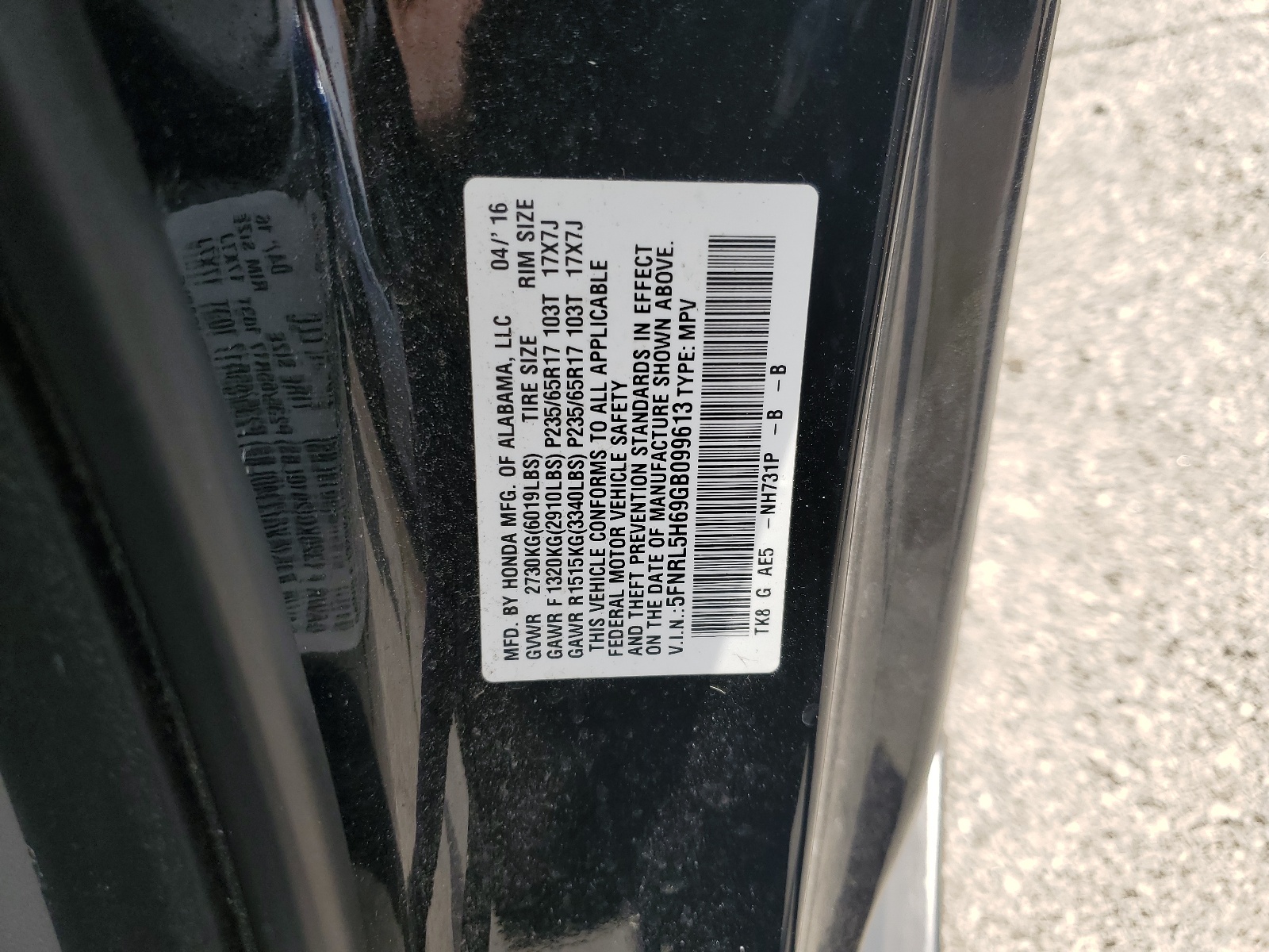 5FNRL5H69GB099613 2016 Honda Odyssey Exl