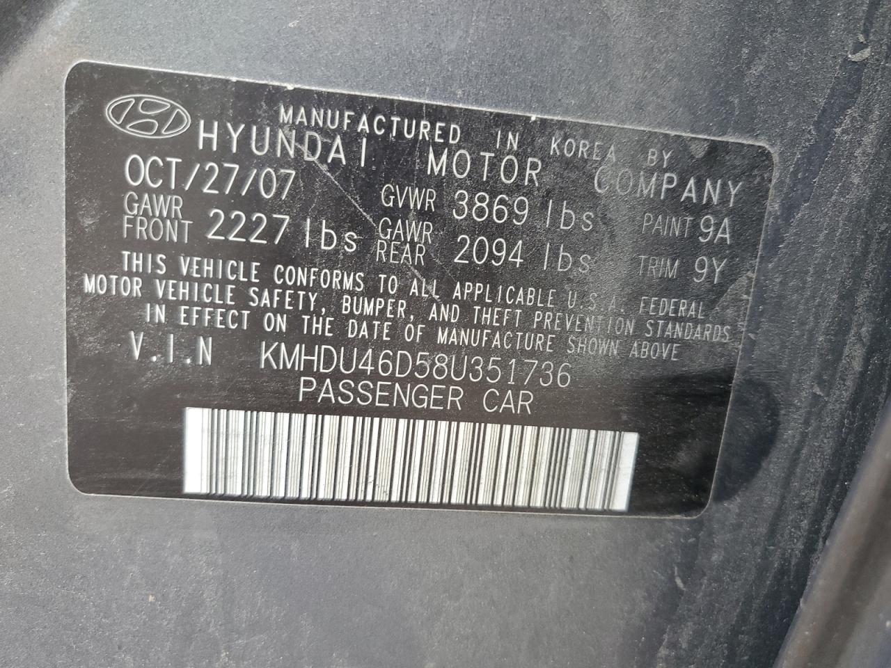 KMHDU46D58U351736 2008 Hyundai Elantra Gls