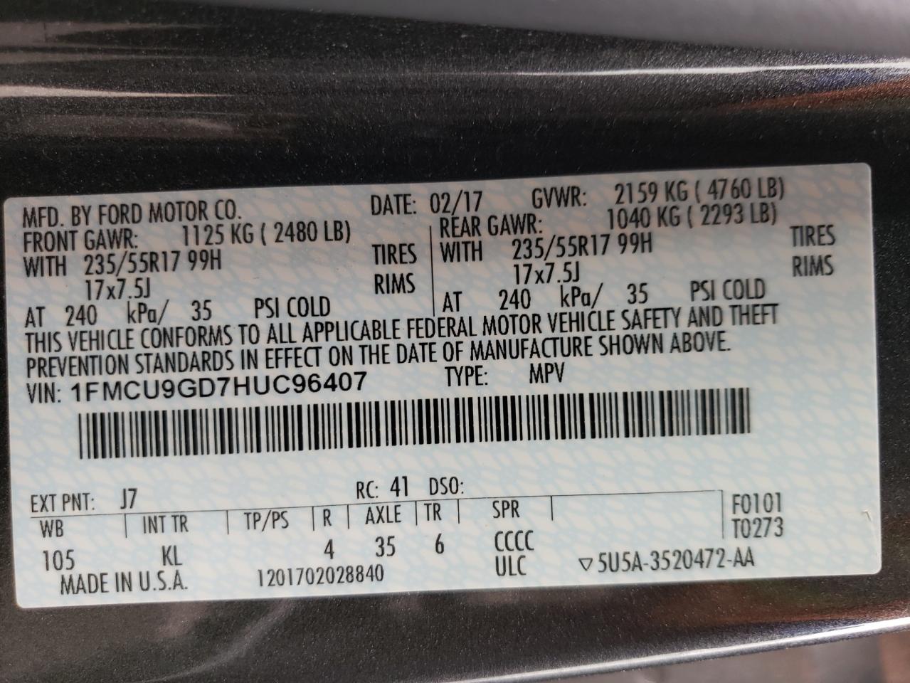 2017 Ford Escape Se VIN: 1FMCU9GD7HUC96407 Lot: 67980344