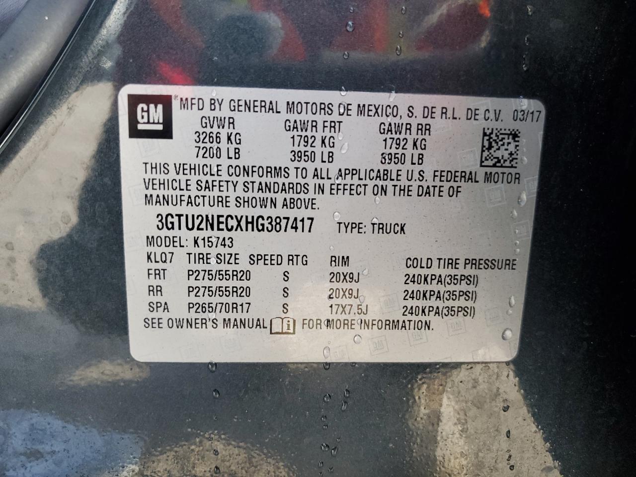 3GTU2NECXHG387417 2017 GMC Sierra K1500 Slt