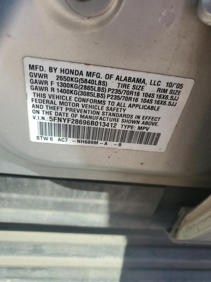 2006 Honda Pilot Ex VIN: 5FNYF28696B013412 Lot: 67540754