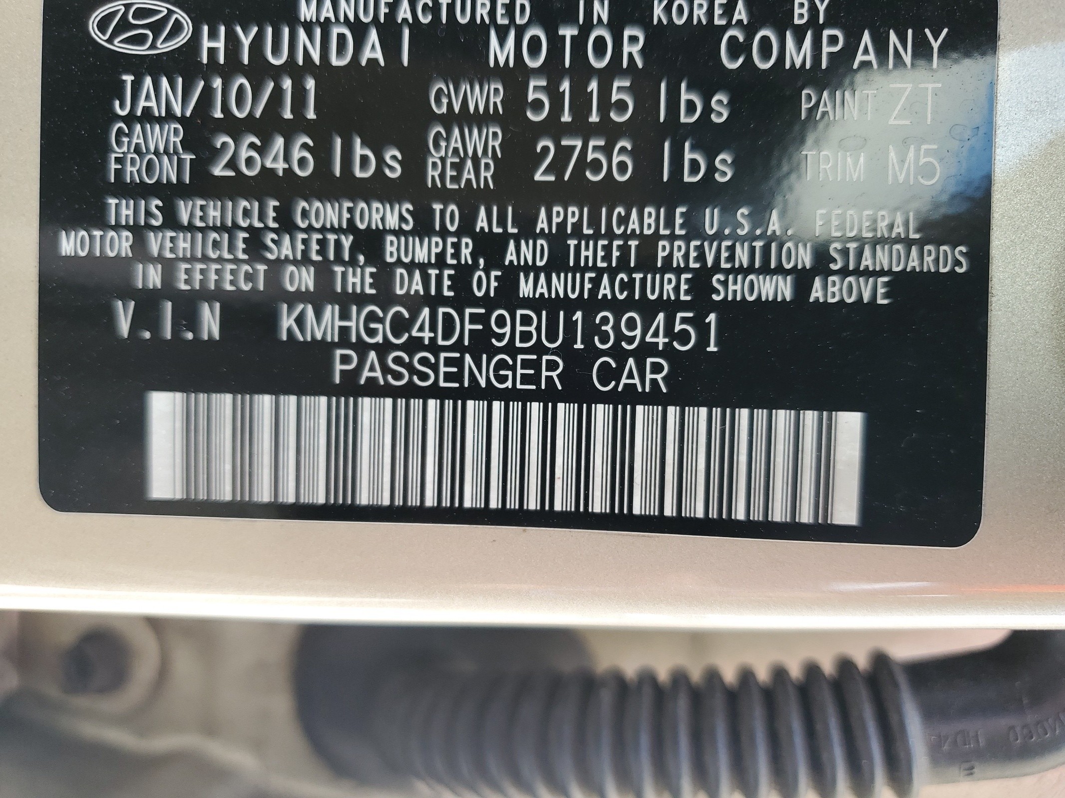 KMHGC4DF9BU139451 2011 Hyundai Genesis 4.6L