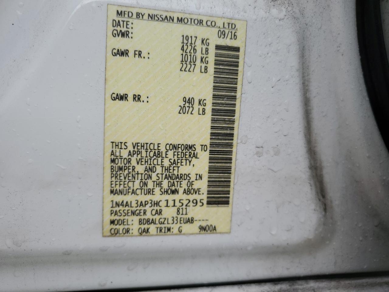 2017 Nissan Altima 2.5 VIN: 1N4AL3AP3HC115295 Lot: 65911654