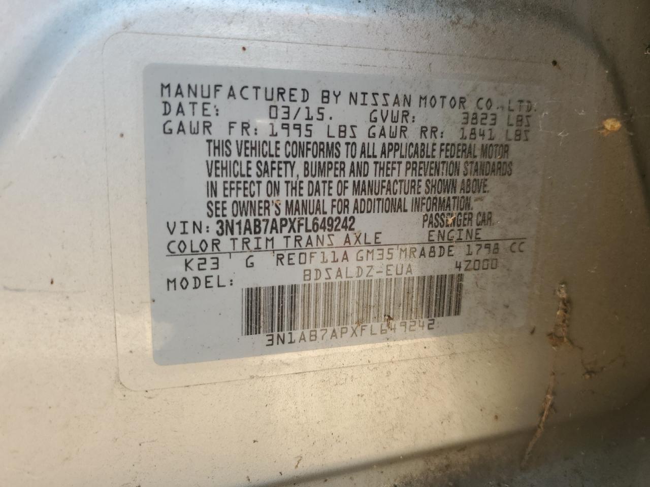 3N1AB7APXFL649242 2015 Nissan Sentra S