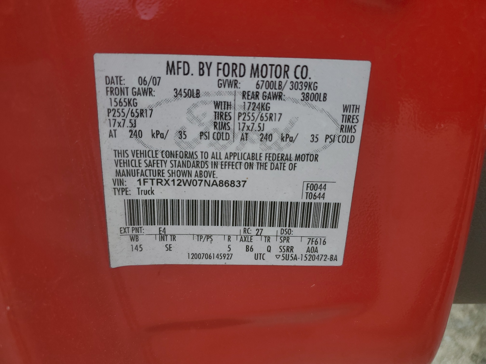 1FTRX12W07NA86837 2007 Ford F150