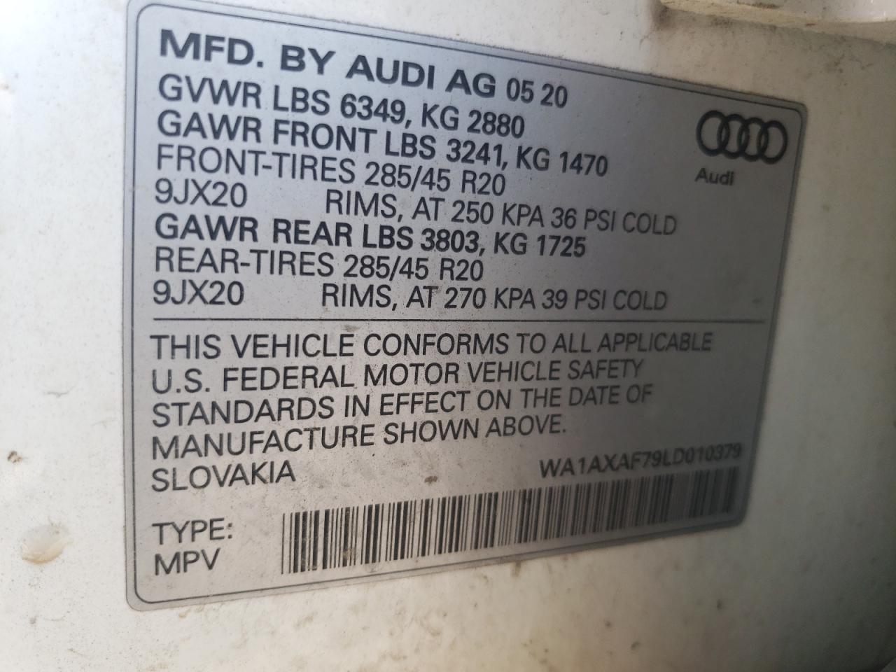 2020 Audi Q7 Premium VIN: WA1AXAF79LD010379 Lot: 64861994