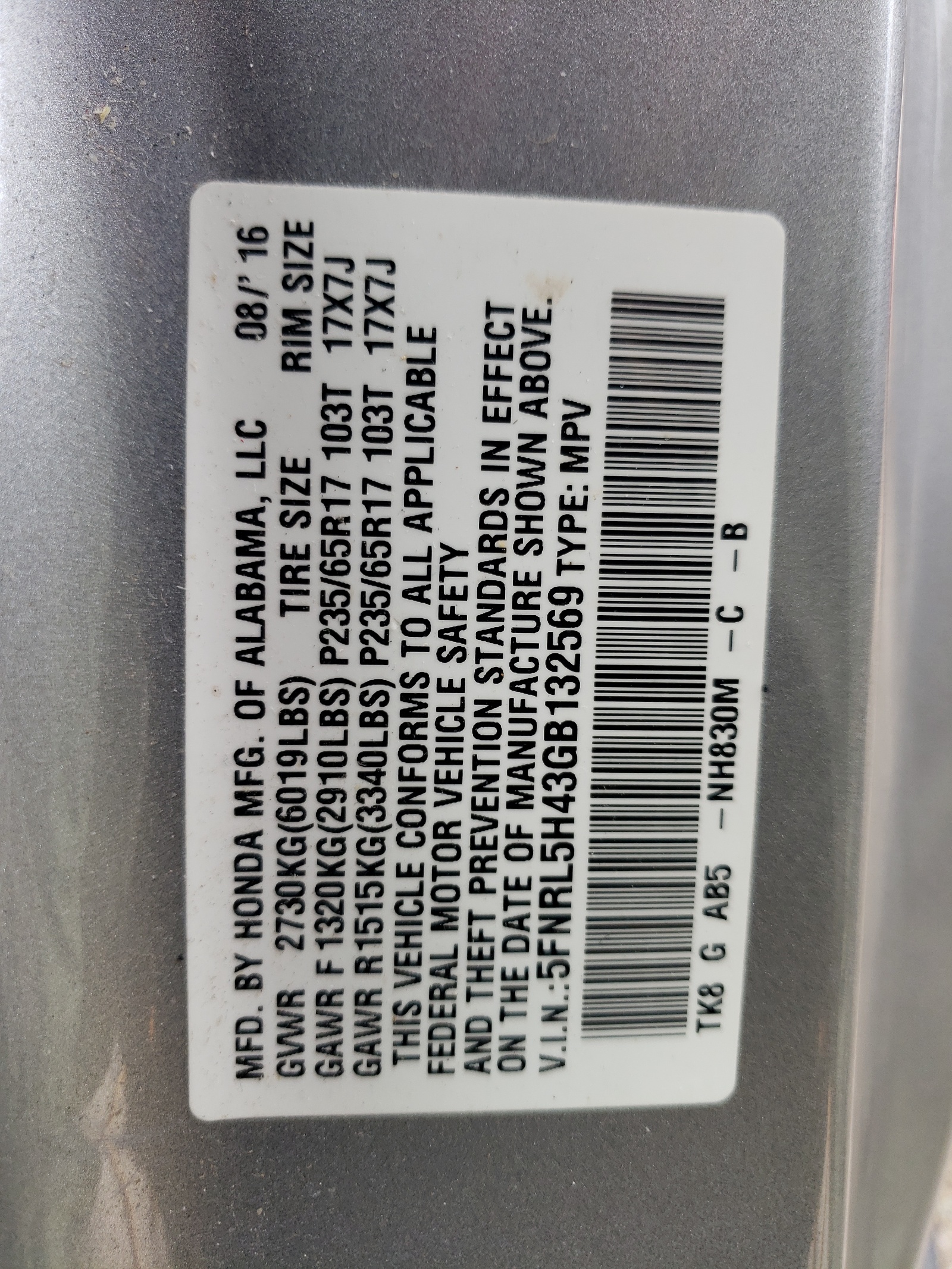 5FNRL5H43GB132569 2016 Honda Odyssey Ex