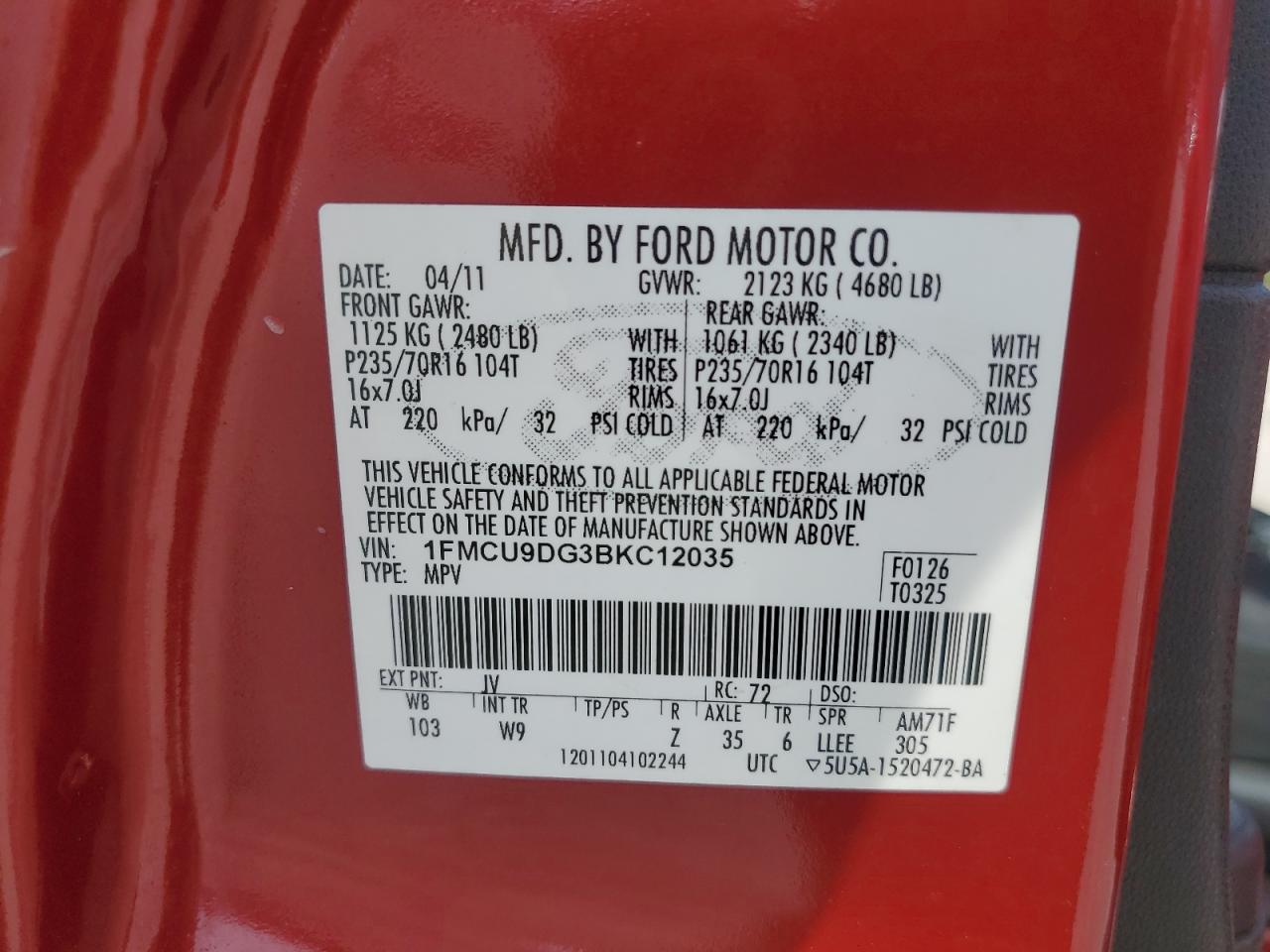 2011 Ford Escape Xlt VIN: 1FMCU9DG3BKC12035 Lot: 66990634