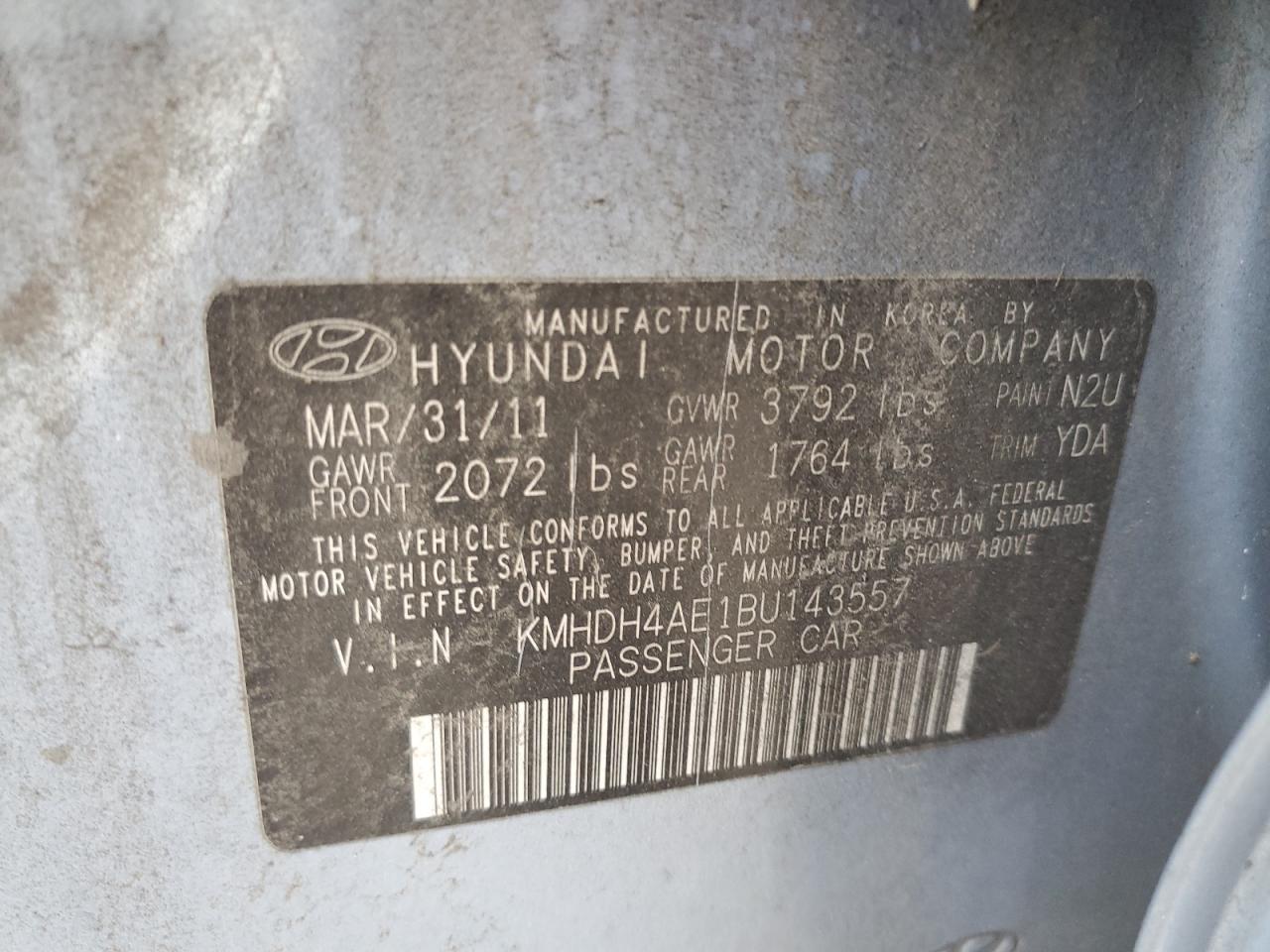 2011 Hyundai Elantra Gls VIN: KMHDH4AE1BU143557 Lot: 68267084