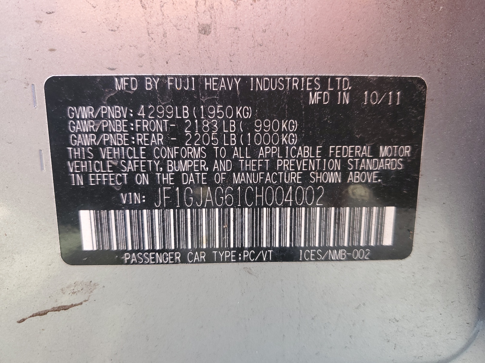 JF1GJAG61CH004002 2012 Subaru Impreza Limited