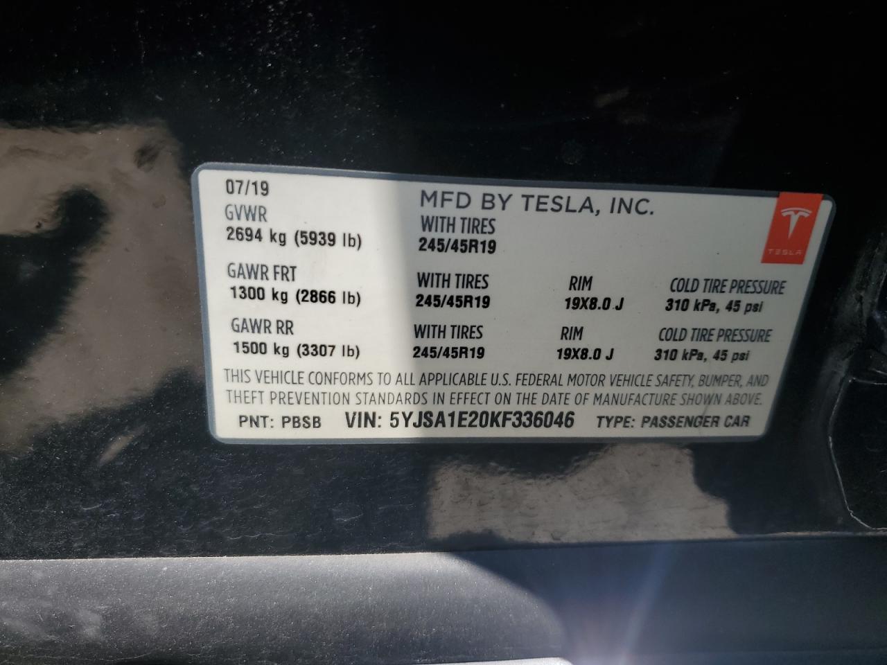 2019 Tesla Model S VIN: 5YJSA1E20KF336046 Lot: 65253174