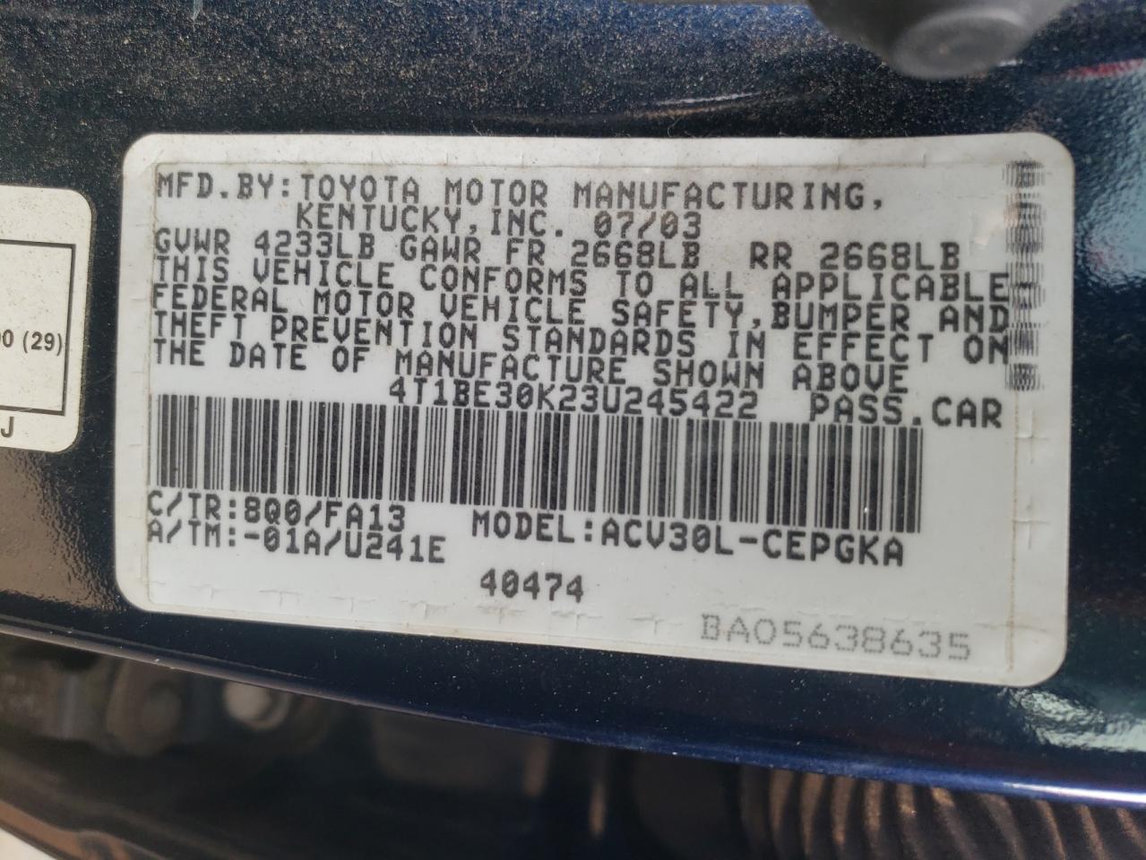 2003 Toyota Camry Le VIN: 4T1BE30K23U245422 Lot: 67103394