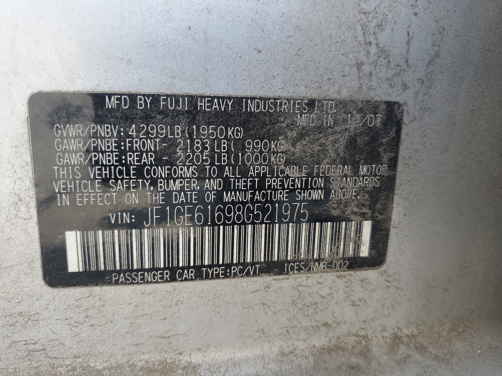 JF1GE61698G521975 2008 Subaru Impreza 2.5I