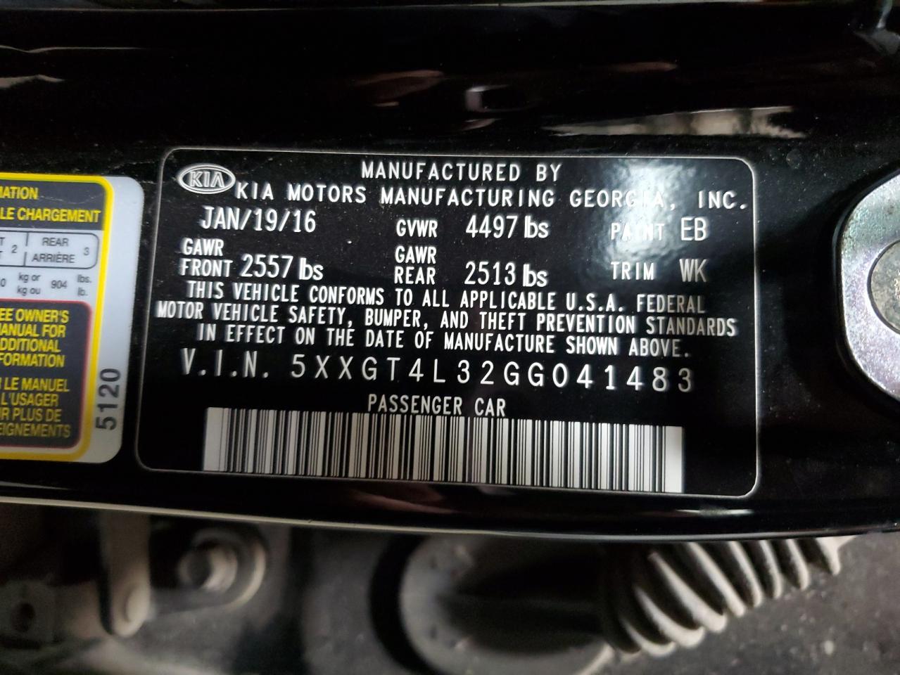 2016 Kia Optima Lx VIN: 5XXGT4L32GG041483 Lot: 65034844