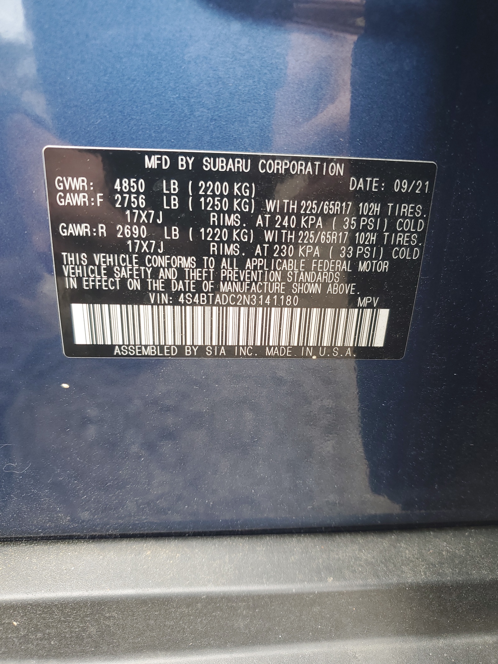 4S4BTADC2N3141180 2022 Subaru Outback Premium