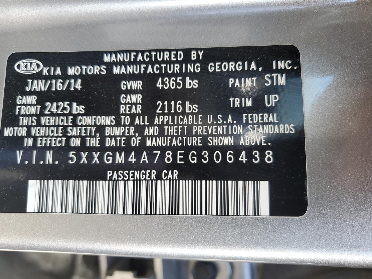 2014 Kia Optima Lx VIN: 5XXGM4A78EG306438 Lot: 68645544