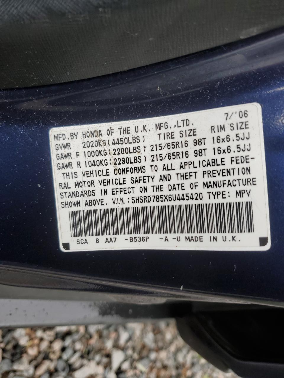 SHSRD785X6U445420 2006 Honda Cr-V Lx