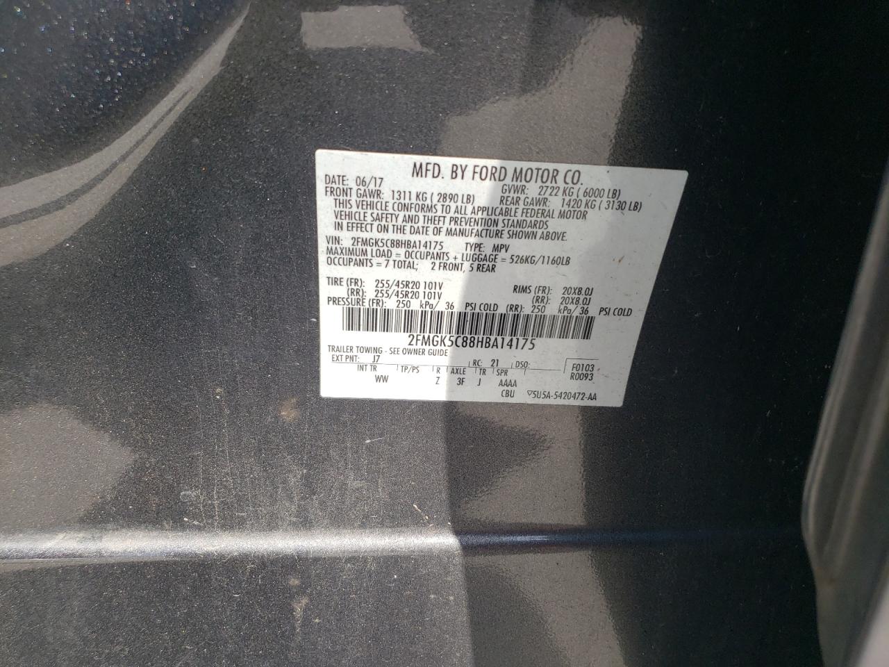 2017 Ford Flex Sel VIN: 2FMGK5C88HBA14175 Lot: 65057524