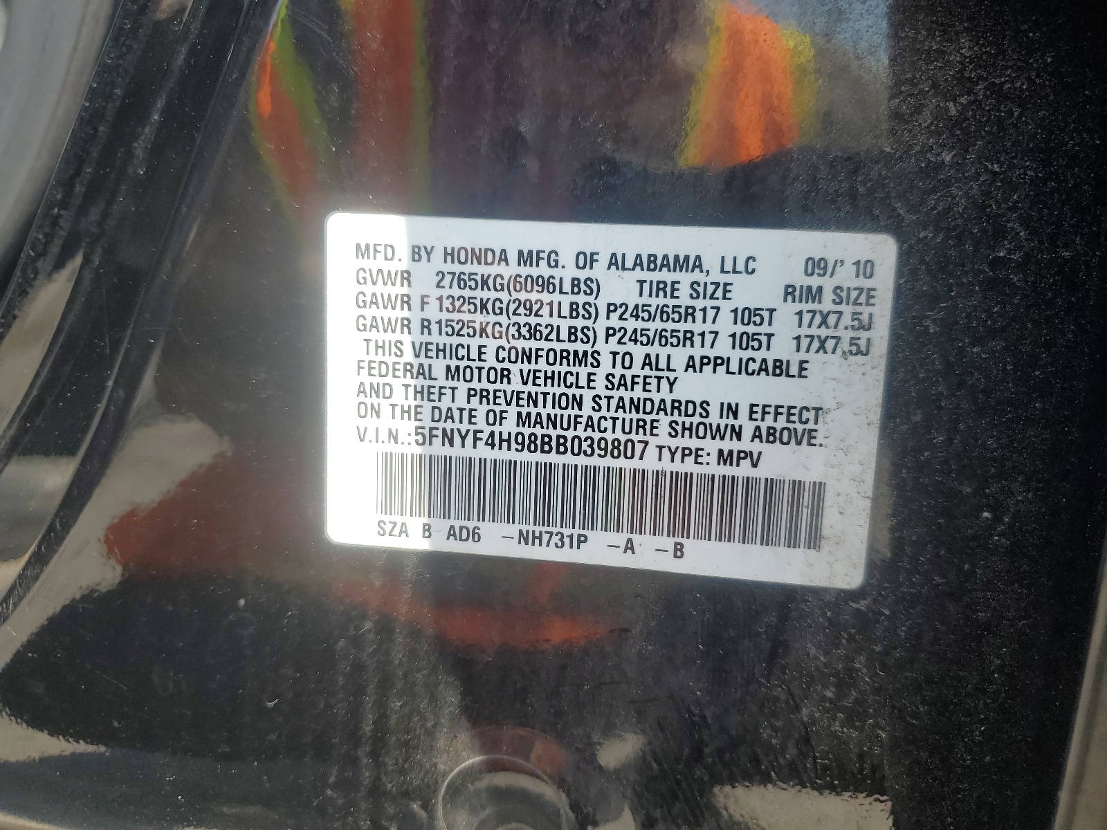5FNYF4H98BB039807 2011 Honda Pilot Touring