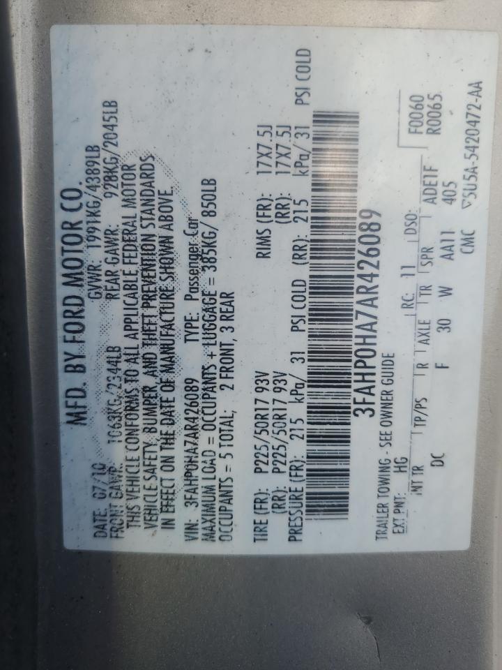 2010 Ford Fusion Se VIN: 3FAHP0HA7AR426089 Lot: 68096074