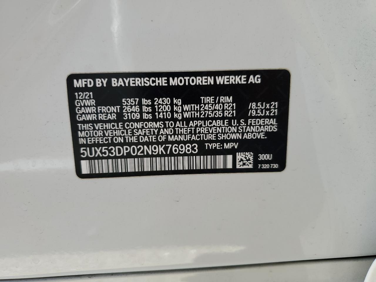 2022 BMW X3 xDrive30I VIN: 5UX53DP02N9K76983 Lot: 65203014