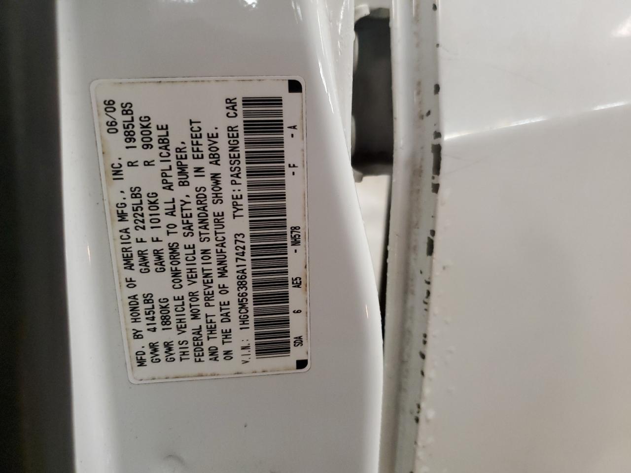 2006 Honda Accord Se VIN: 1HGCM56386A174273 Lot: 66175994