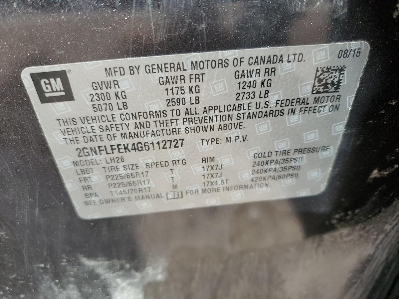 2GNFLFEK4G6112727 2016 Chevrolet Equinox Lt