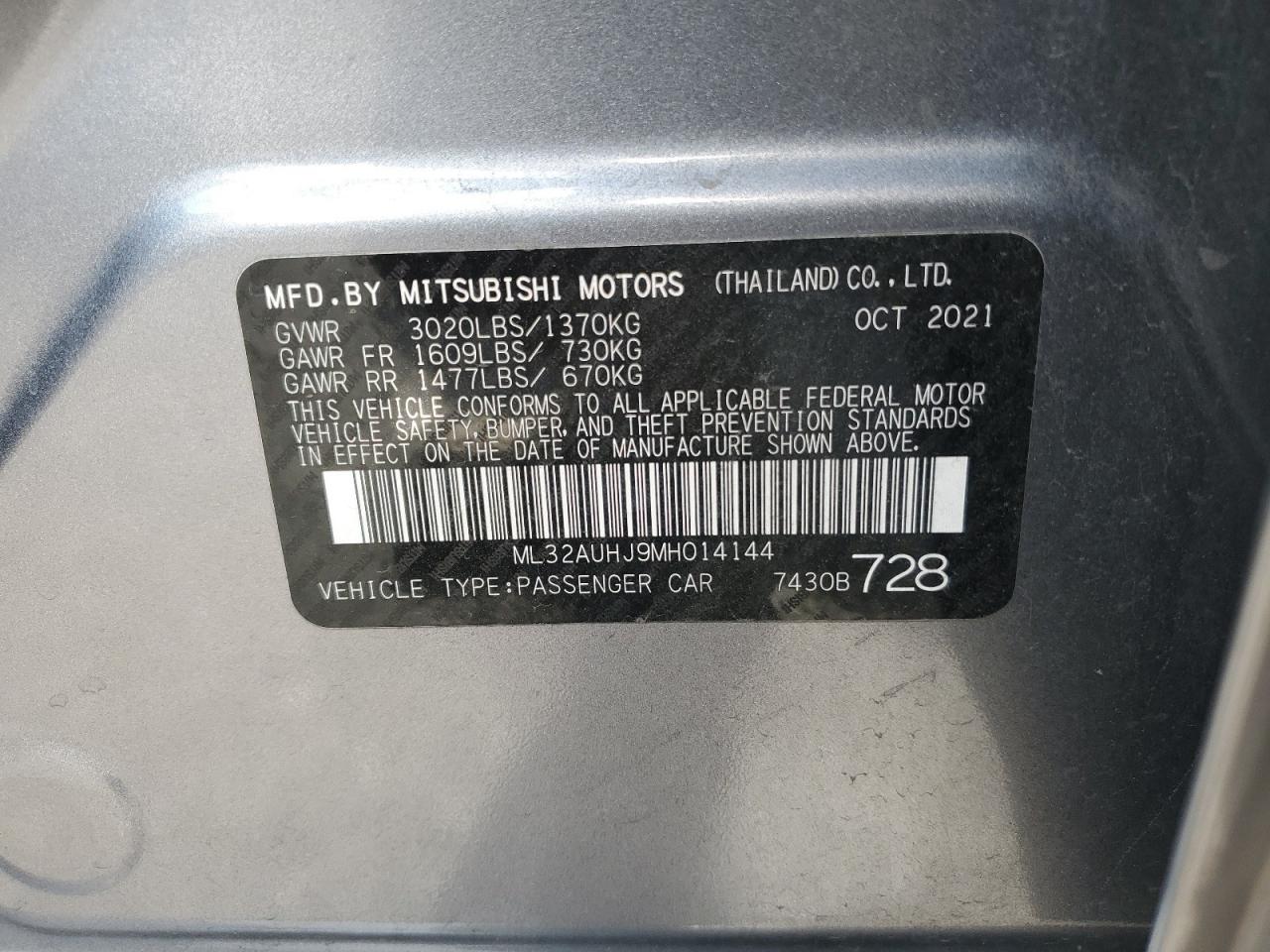 2021 Mitsubishi Mirage Es VIN: ML32AUHJ9MH014144 Lot: 66153334