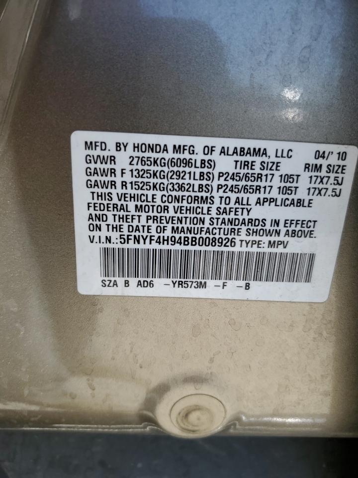 2011 Honda Pilot Touring VIN: 5FNYF4H94BB008926 Lot: 66392704