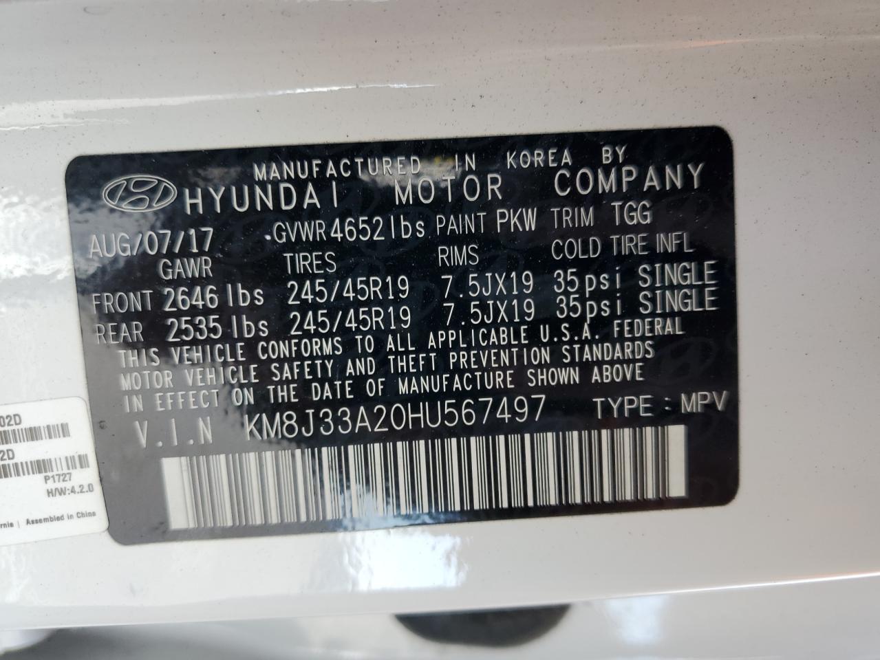 2017 Hyundai Tucson Limited VIN: KM8J33A20HU567497 Lot: 67756944