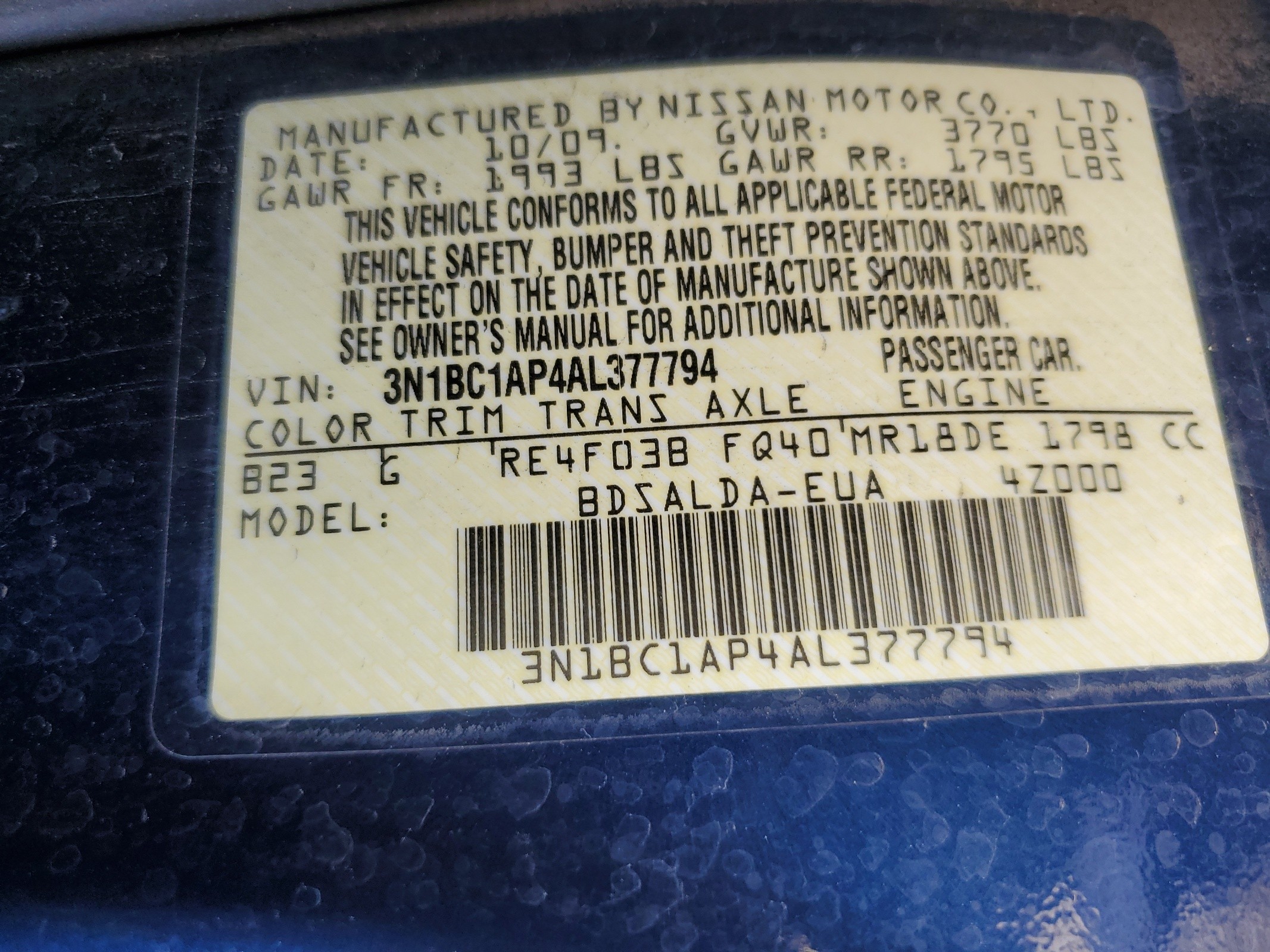 3N1BC1AP4AL377794 2010 Nissan Versa S