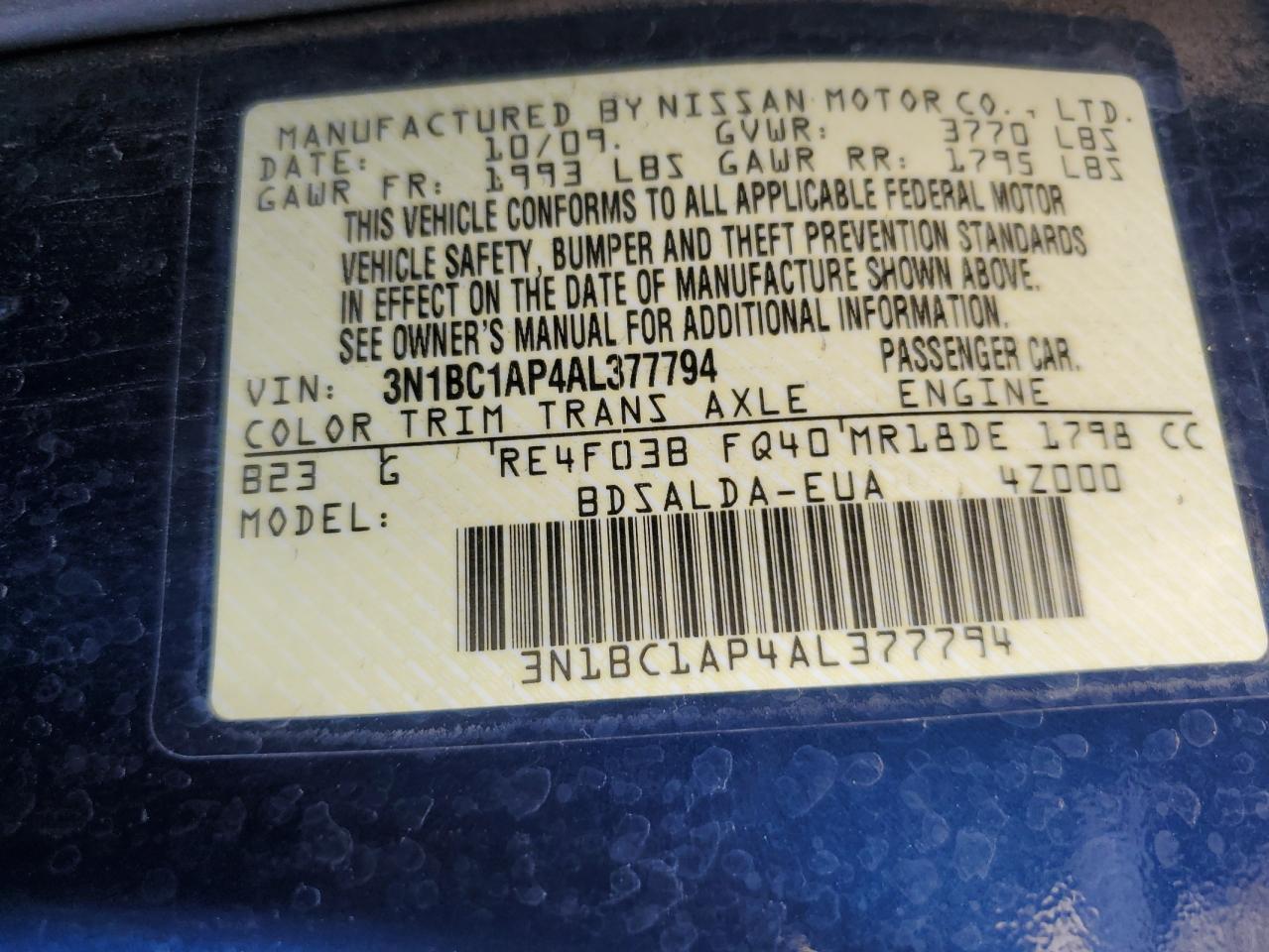 2010 Nissan Versa S VIN: 3N1BC1AP4AL377794 Lot: 66158044