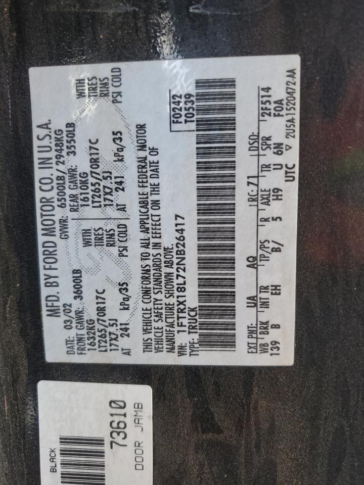 2002 Ford F150 VIN: 1FTRX18L72NB26417 Lot: 66184264