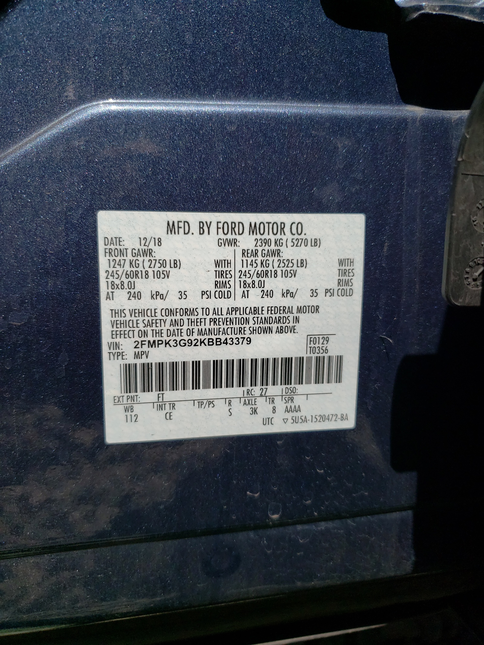 2FMPK3G92KBB43379 2019 Ford Edge Se