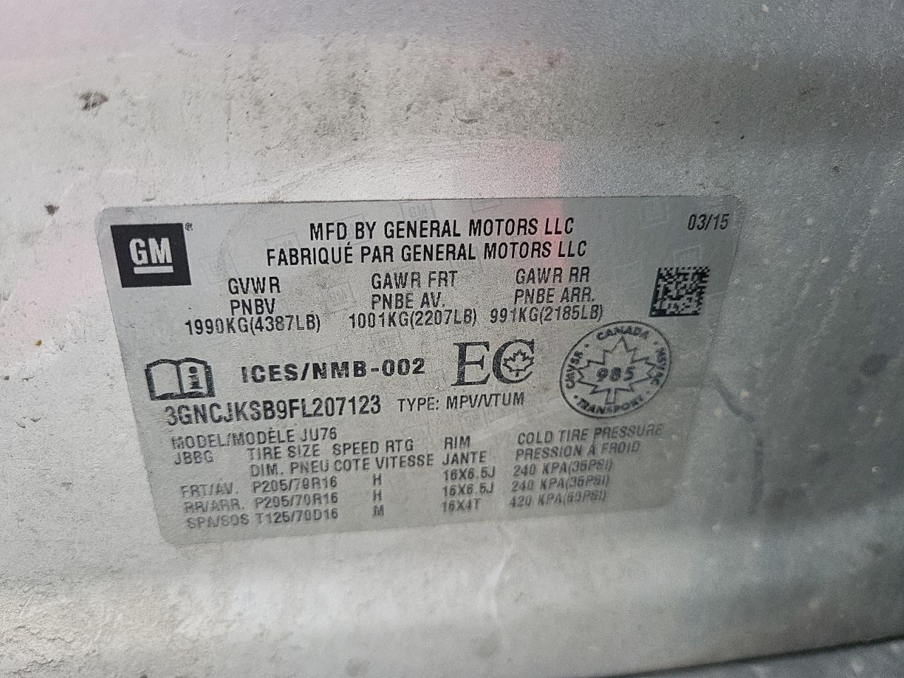 2015 Chevrolet Trax Ls VIN: 3GNCJKSB9FL207123 Lot: 63751054