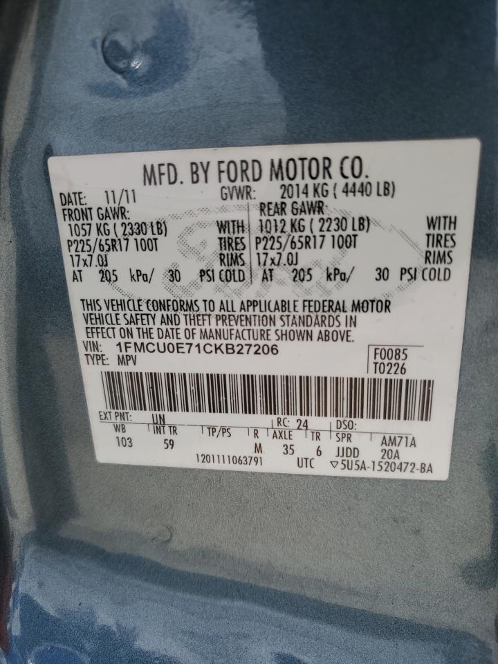 2012 Ford Escape Limited VIN: 1FMCU0E71CKB27206 Lot: 68206854