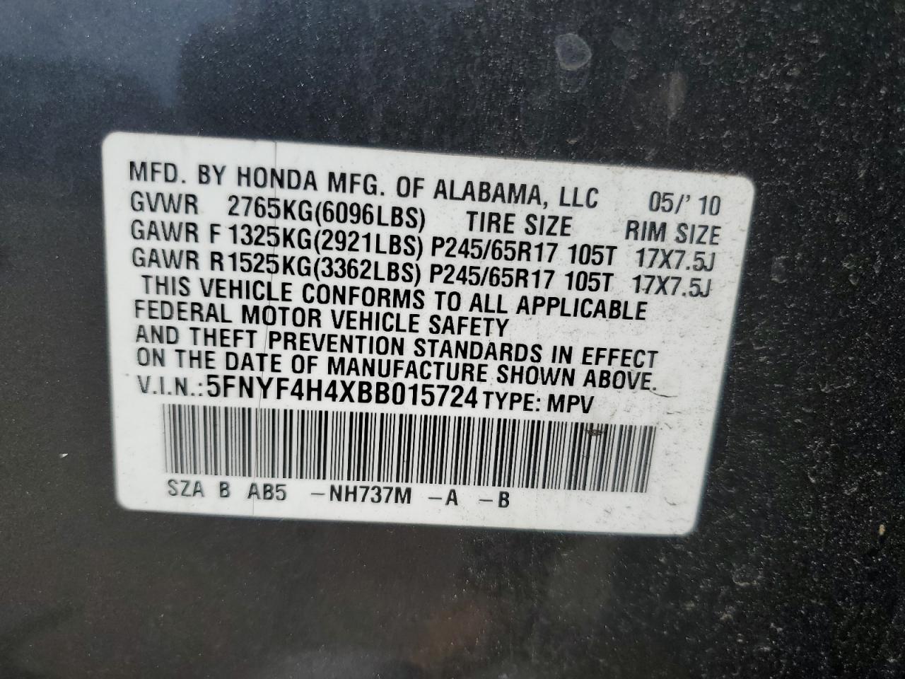 2011 Honda Pilot Ex VIN: 5FNYF4H4XBB015724 Lot: 66625134