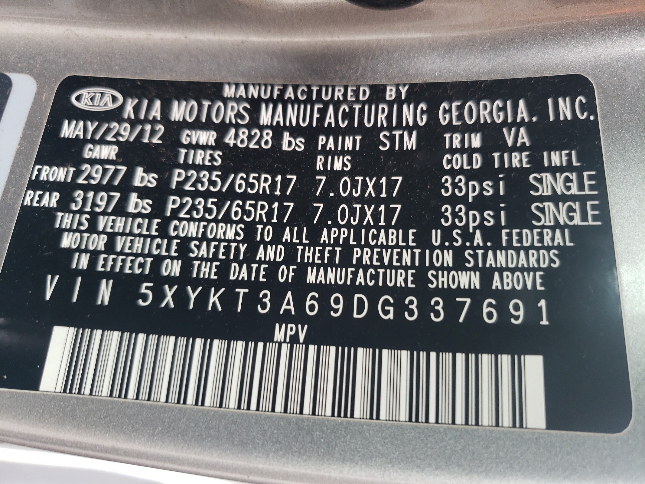 5XYKT3A69DG337691 2013 Kia Sorento Lx